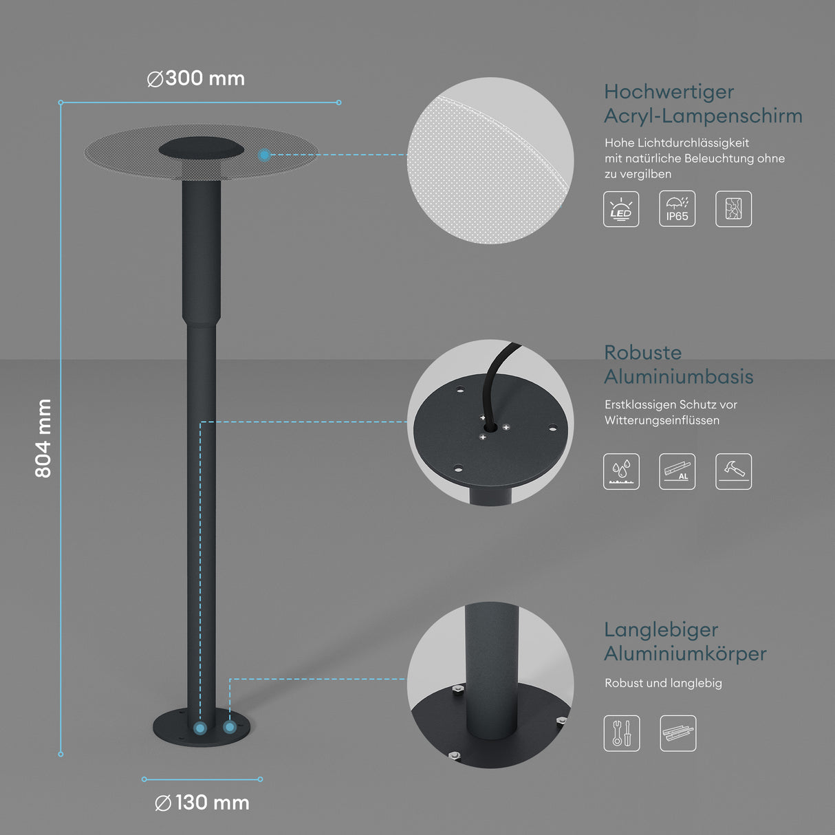 glasvilla Außenleuchte ⌀300xH804mm IP65 Wegeleuchte Außen | Pollerleuchte für Garten, 3000K Stehlampe Gartenlampe | Außenlampe Standleuchte 6W StellaeLights