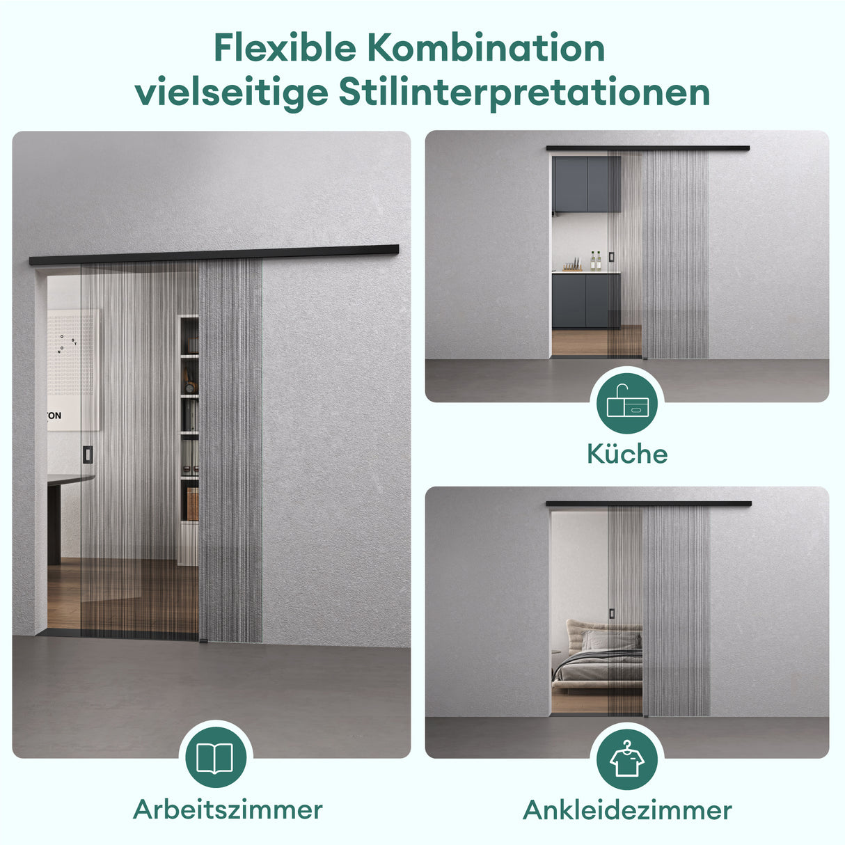 glasvilla Glasschiebetür komplettset Zimmertür Matt Schwarz 8mm ESG-Sicherheitsglas, Schiebetür Glas schwarz gebürstet mit Laufschiene aus Aluminium Muranino-001