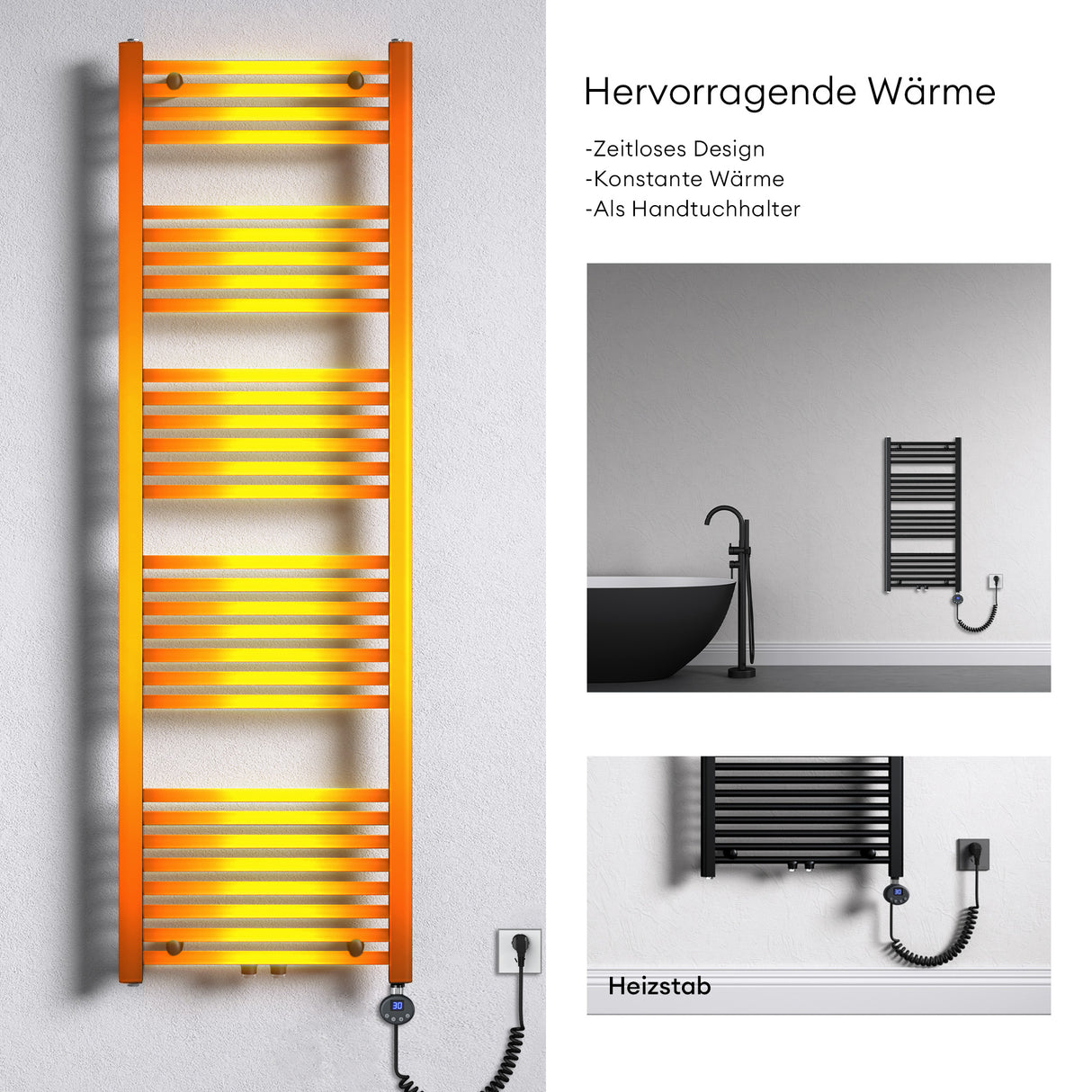 glasvilla Badheizkörper Elektrisch Handtuchwärmer für Strom, Seitenanschluss, Röhrenheizkörper Badheizung RHE mit Heizstab 02