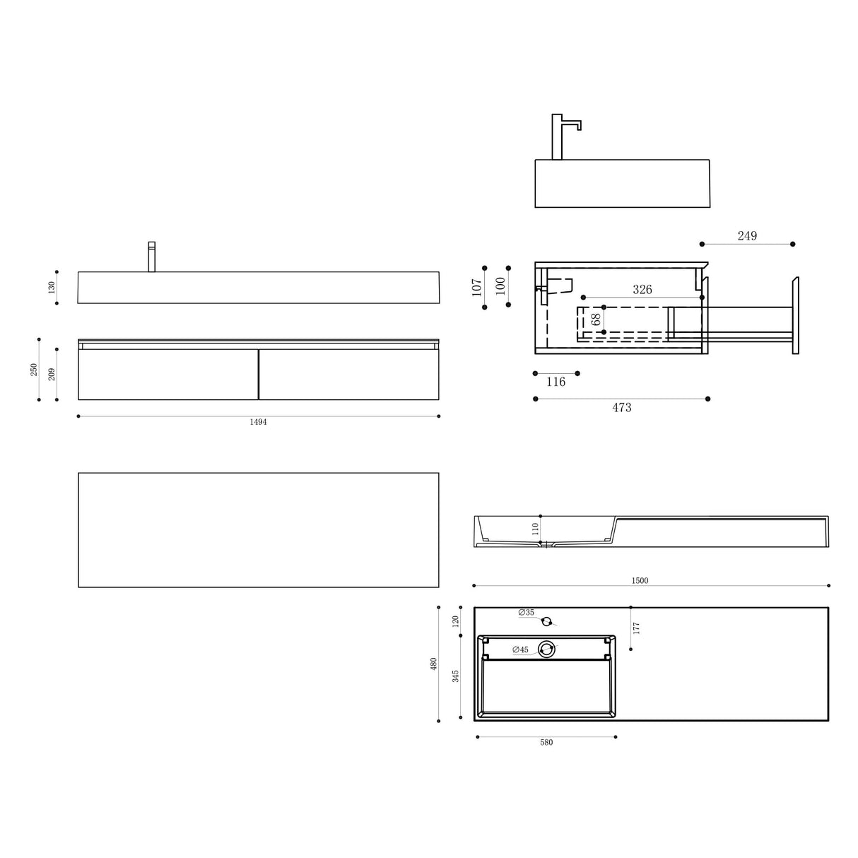 glasvilla Badmöbelset Waschtisch mit Unterschrank 150x48x25cm mit Soft-Close Schubladen inkl. Mineralguss-Waschbecken UP