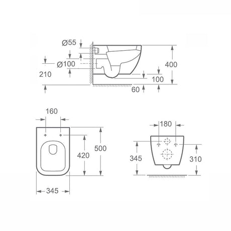 glasvilla Hänge WC Toilette Wand-WC Spülrandlos Weiß aus Keramik Wandmontage mit Absenkautomatik
