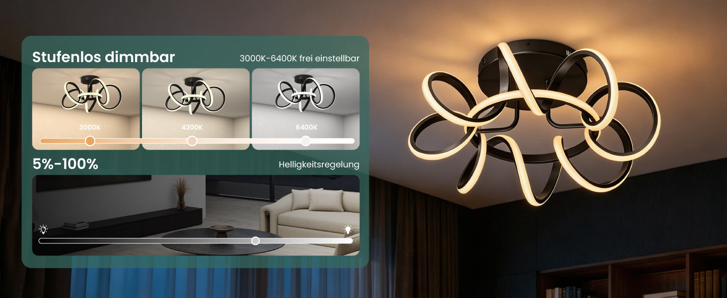 glasvilla Deckenlampe, dimmbar 3000-6400K,mit Fernbedienung | LED Deckenleuchte,112W Schwarz,Moderne,für Schlafzimmer, Wohnzimmer, Kinderzimmer Nuvora06