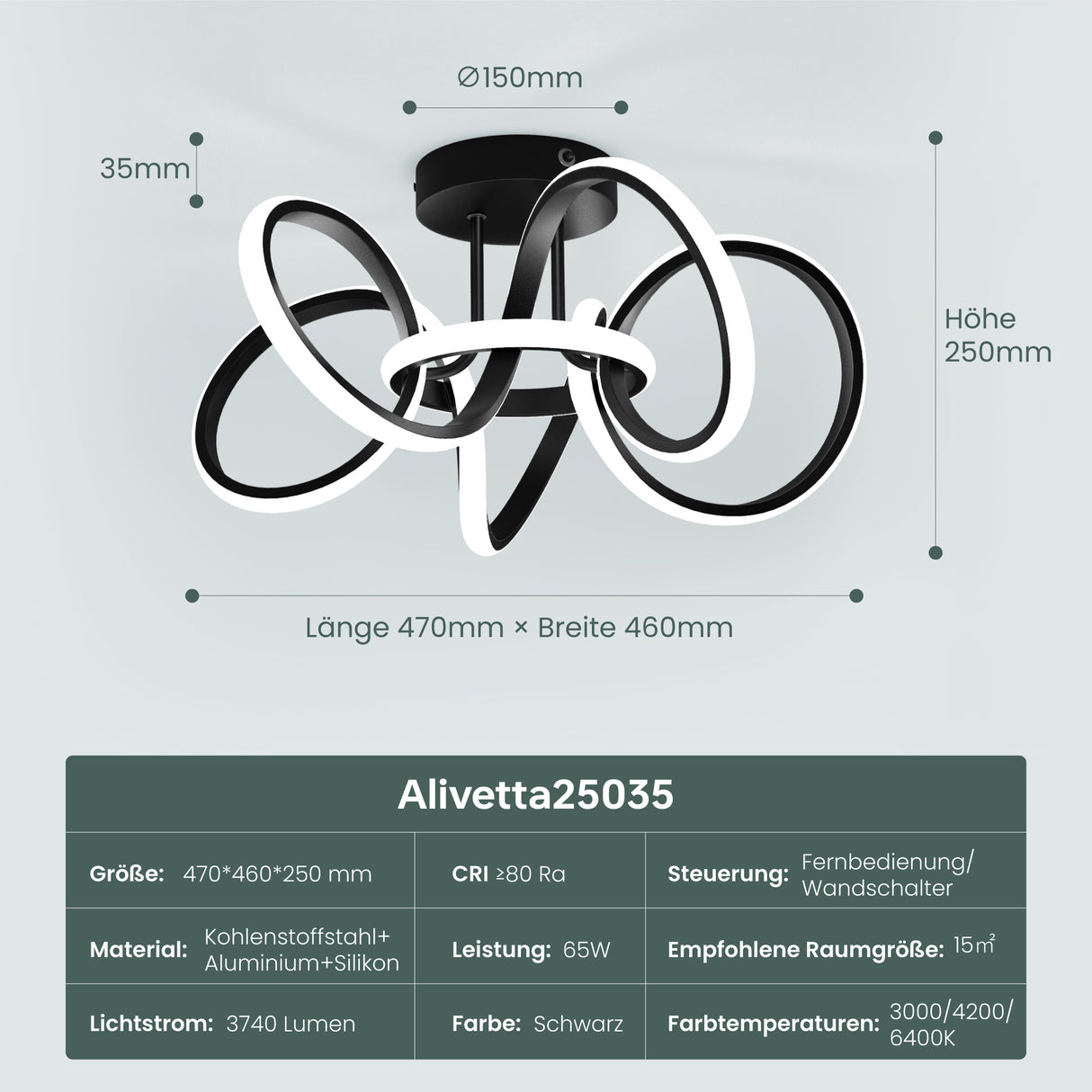 glasvilla LED Deckenleuchte Deckenlampe mit Fernbedienung, Stufenlos dimmbar 3000-6400K, flimmerfreie Zimmerlampe 65W Schwarz für Schlafzimmer, Wohnzimmer, Arbeitszimmer, Flur