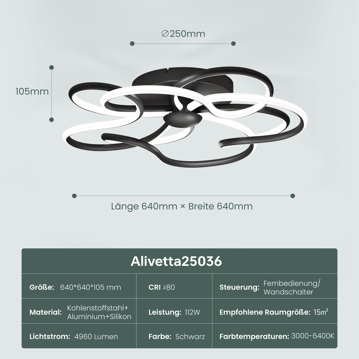 Glasvilla Design – Lámpara de techo LED negra con mando a distancia, regulable 3000–6400K (112W, 64 cm)