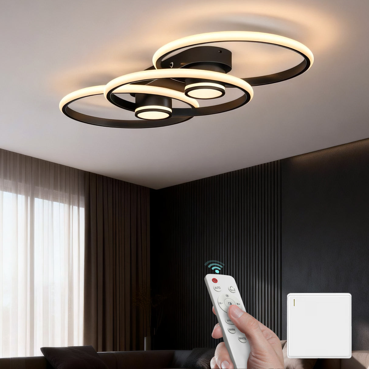 glasvilla LED Deckenleuchte Deckenlampe mit Fernbedienung 75cm, Stufenlos dimmbar 3000-6400K, Zimmerlampe 70W Schwarz für Schlafzimmer, Wohnzimmer, Arbeitszimmer, Flur Alivetta25037