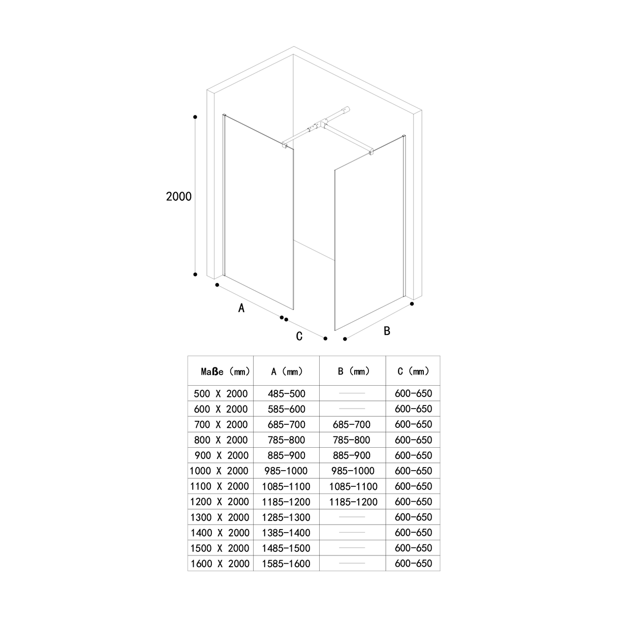 glasvilla Duschwand für Dusche Duschabtrennung mit 2 festen Seitenelementen 8mm ESG-Sicherheitsglas Walk-In Dusche Klarglas NANO-Versiegelung Bremen01K/MS-T
