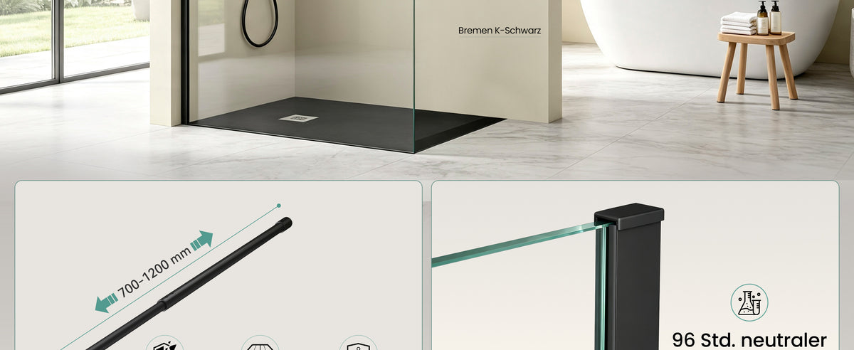 glasvilla Duschwand für Dusche Duschabtrennung Walk-In Dusche Duschtrennwand Schwarz 10mm ESG-Sicherheitsglas NANO Klarglas BRAM1/BRAM3 Bremen02K