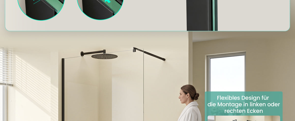 glasvilla Duschwand für Dusche Duschabtrennung Walk-In Dusche Duschtrennwand Schwarz 10mm ESG-Sicherheitsglas NANO Klarglas BRAM1/BRAM3 Bremen02K