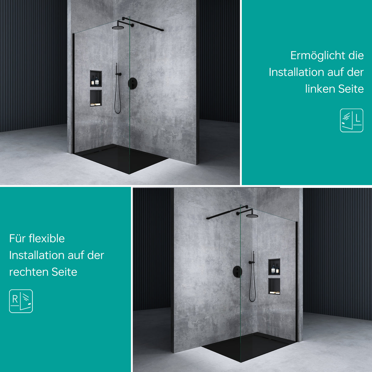 glasvilla Duschwand für Dusche Duschabtrennung Walk-In ESG-Sicherheitsglas 8mm NANO Glas BRAM1&BRAM3 Bremen1 Schwarz