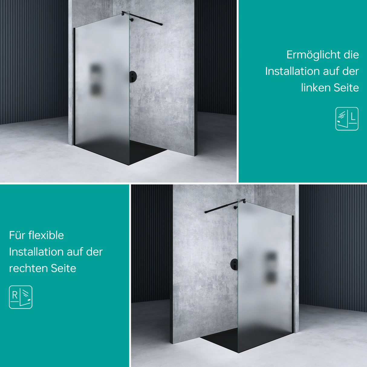 glasvilla Duschwand für Dusche Duschabtrennung Walk-In ESG-Sicherheitsglas 8mm NANO Glas BRAM1&BRAM3 Bremen1 Schwarz