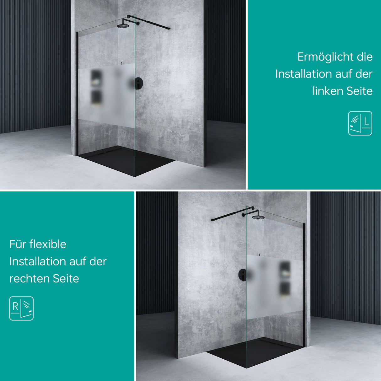 glasvilla Duschwand für Dusche Duschabtrennung Walk-In ESG-Sicherheitsglas 8mm NANO Glas BRAM1&BRAM3 Bremen1 Schwarz