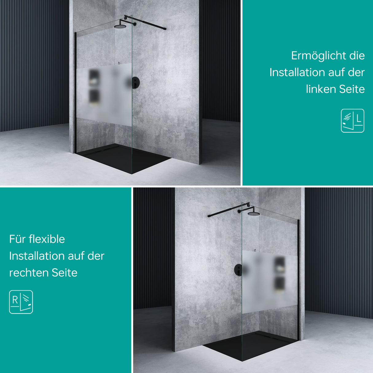 glasvilla Duschwand für Dusche Duschabtrennung Walk-In ESG-Sicherheitsglas 8mm NANO Glas BRAM1&BRAM3 Bremen1 Schwarz
