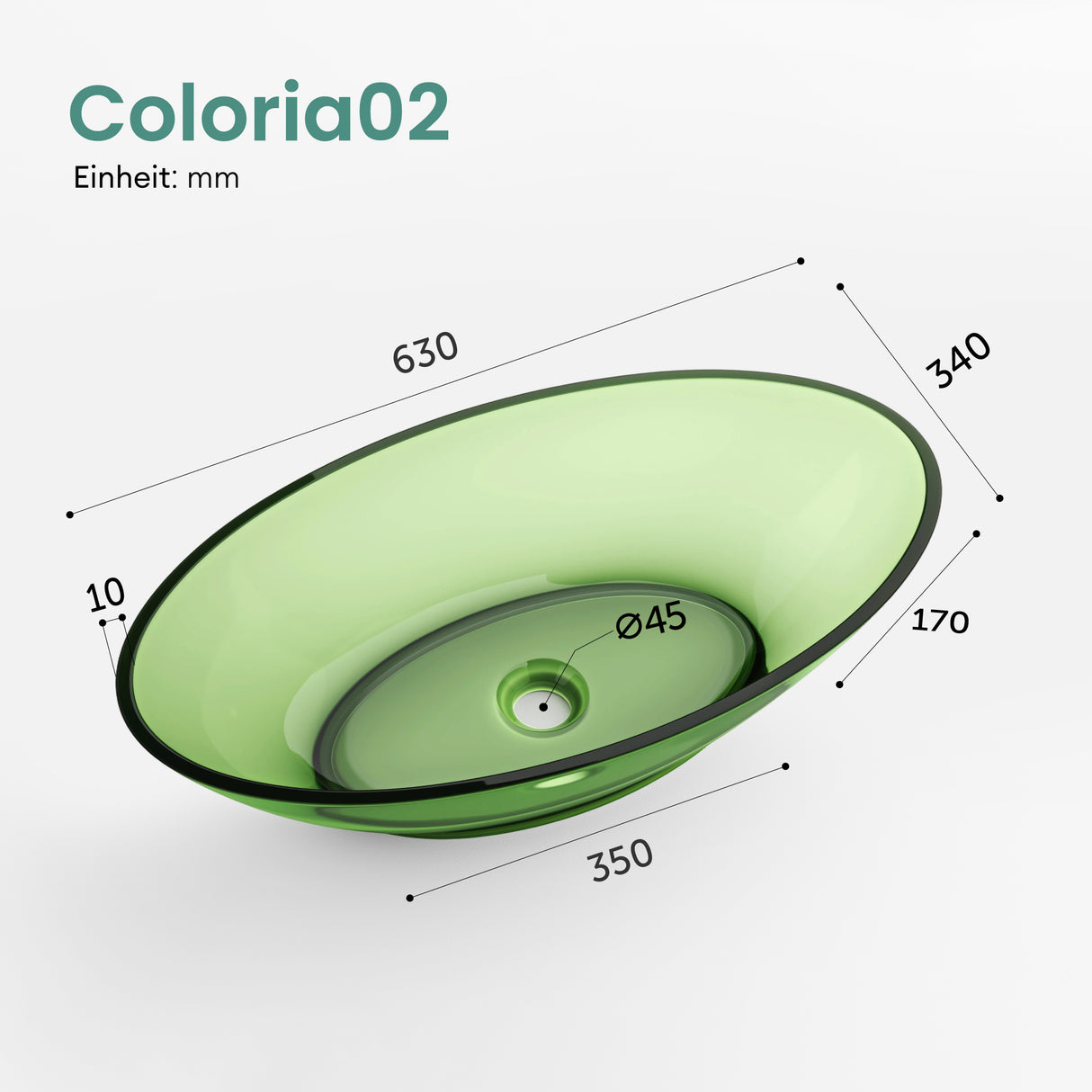 glasvilla Waschbecken Aufsatzwaschbecken aus Kunstharz Waschschale Handwaschbecken Oval 63x34x17cm ohne Hahnloch und Überlauf Coloria02
