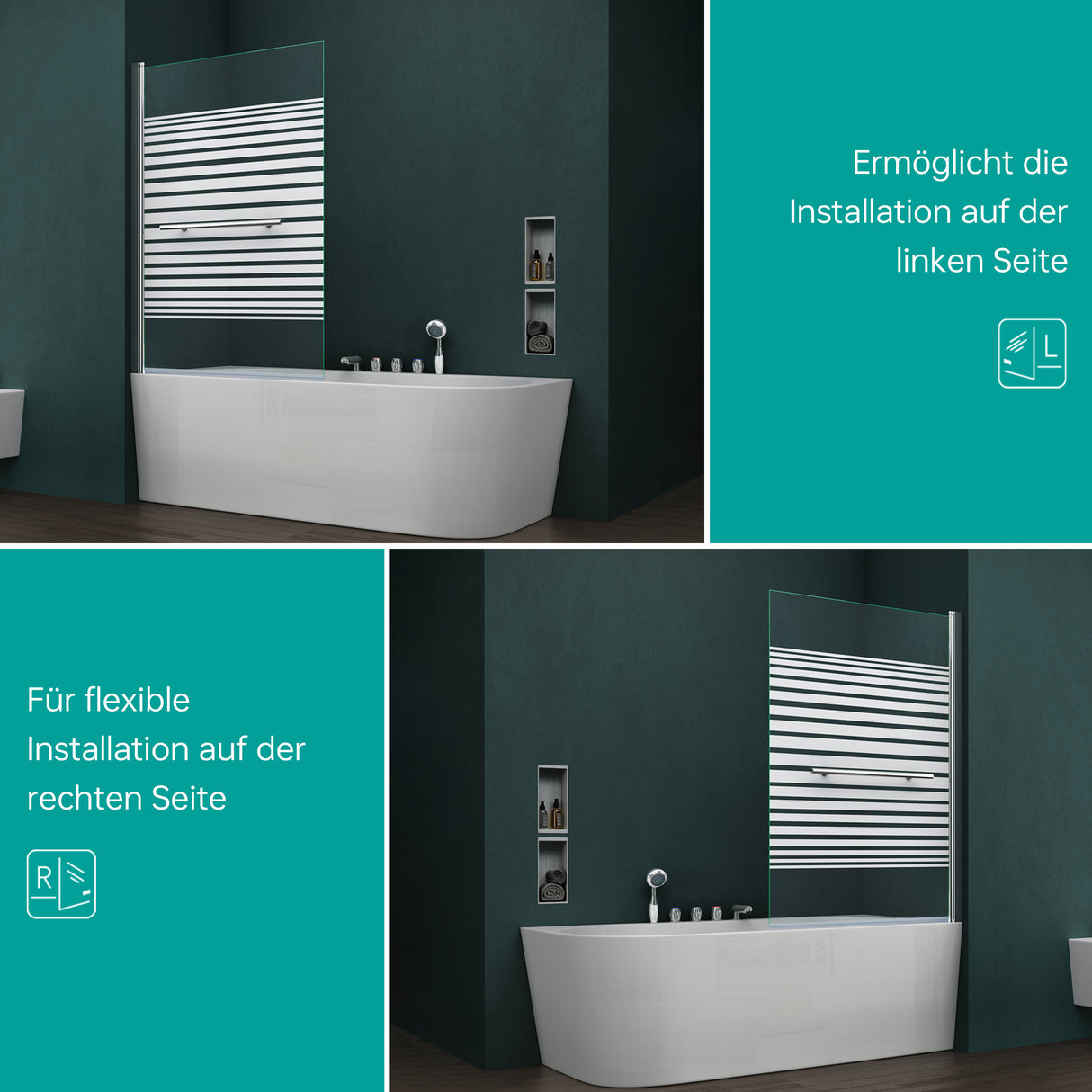 glasvilla Duschwand für Badewanne Badewannenwand faltbar 180° Sicherheitsglas mit NANO 90x140cm Badewannentrennwand Badewannenaufsatz Cortona1121