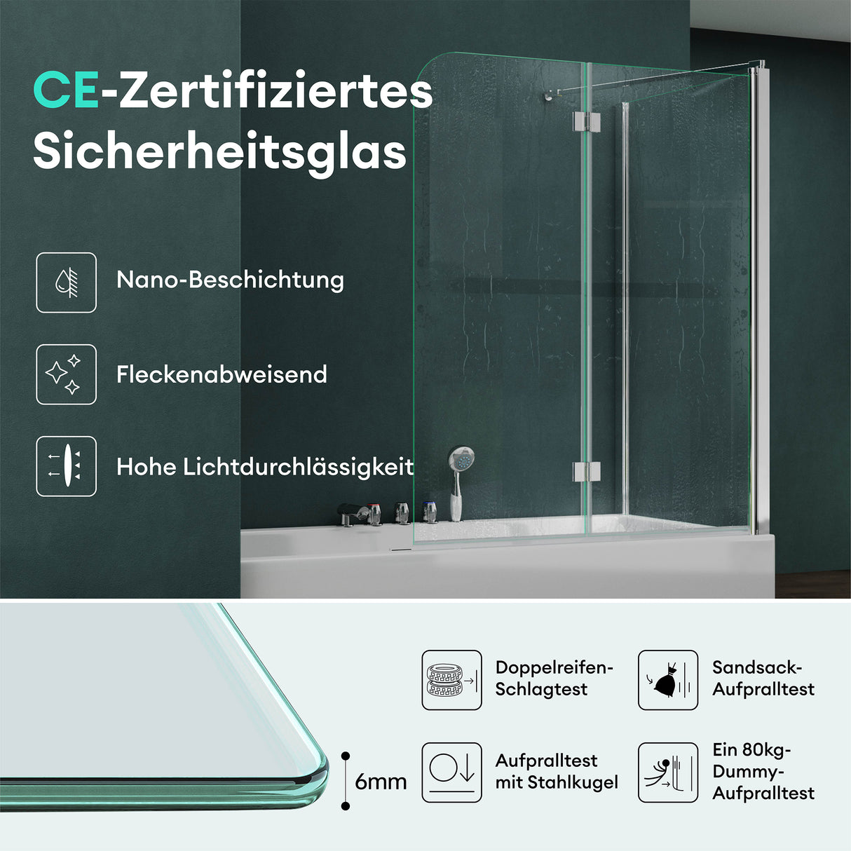 glasvilla Duschwand für Badewanne Badewannenwand Badewannenfaltwand 6mm Sicherheitsglas mit NANOBadewannenaufsatz Badewannentrennwand Cortona113