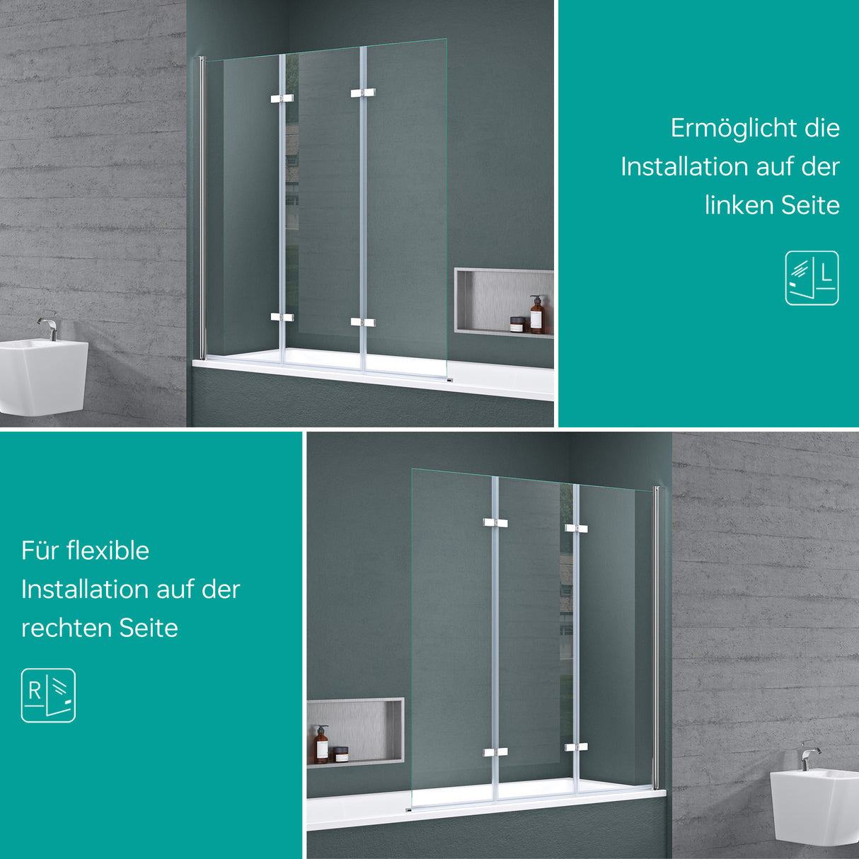 glasvilla Duschwand für Badewanne Badewannenwand Badewannenfaltwand 6mm Sicherheitsglas mit NANO-Versiegelung Badewannenaufsatz Badewannentrennwand Cortona116