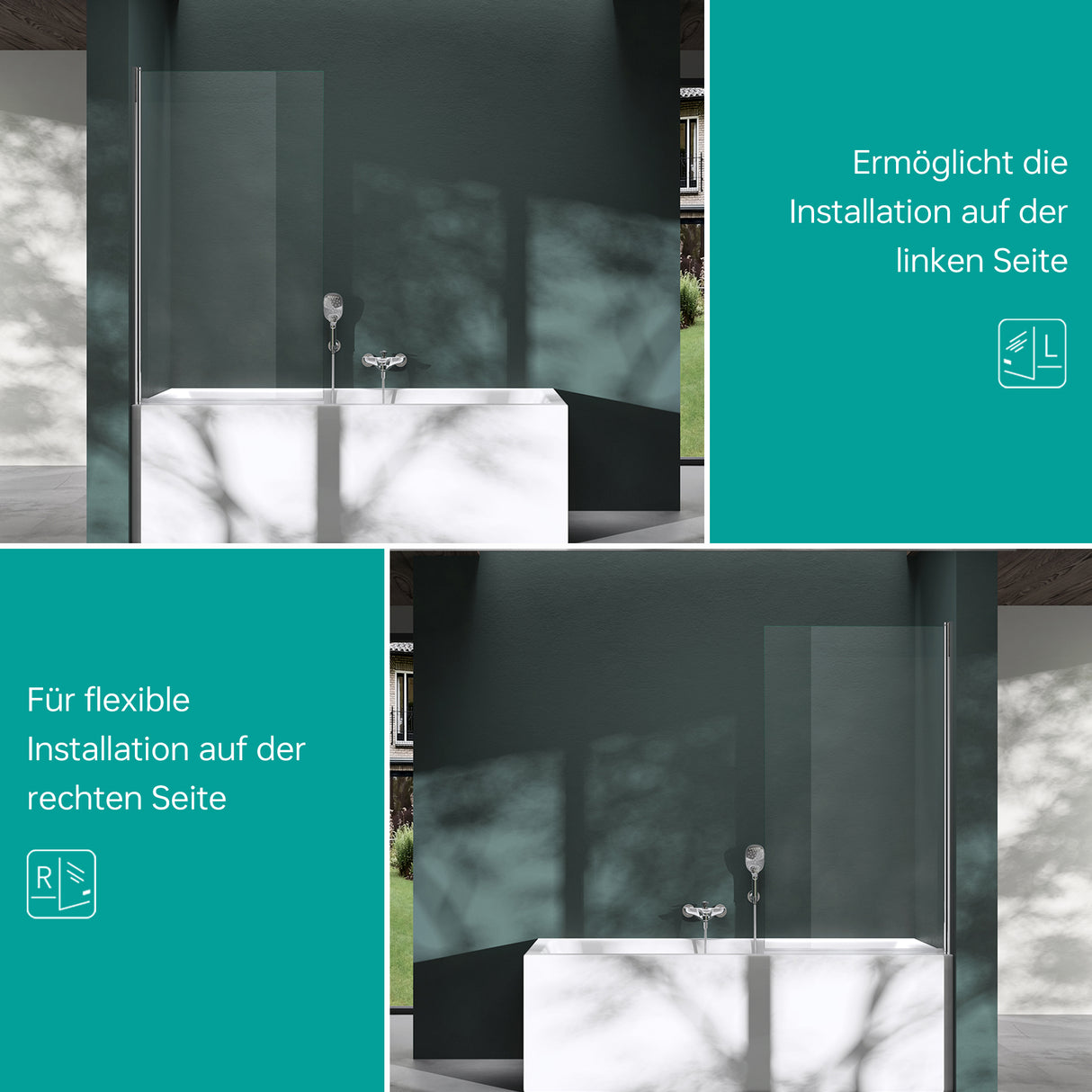 glasvilla Duschwand für Badewanne Badewannenwand Sicherheitsglas mit NANO-Versiegelung Badewannentrennwand Badewannenaufsatz 80x140cm Cortona201