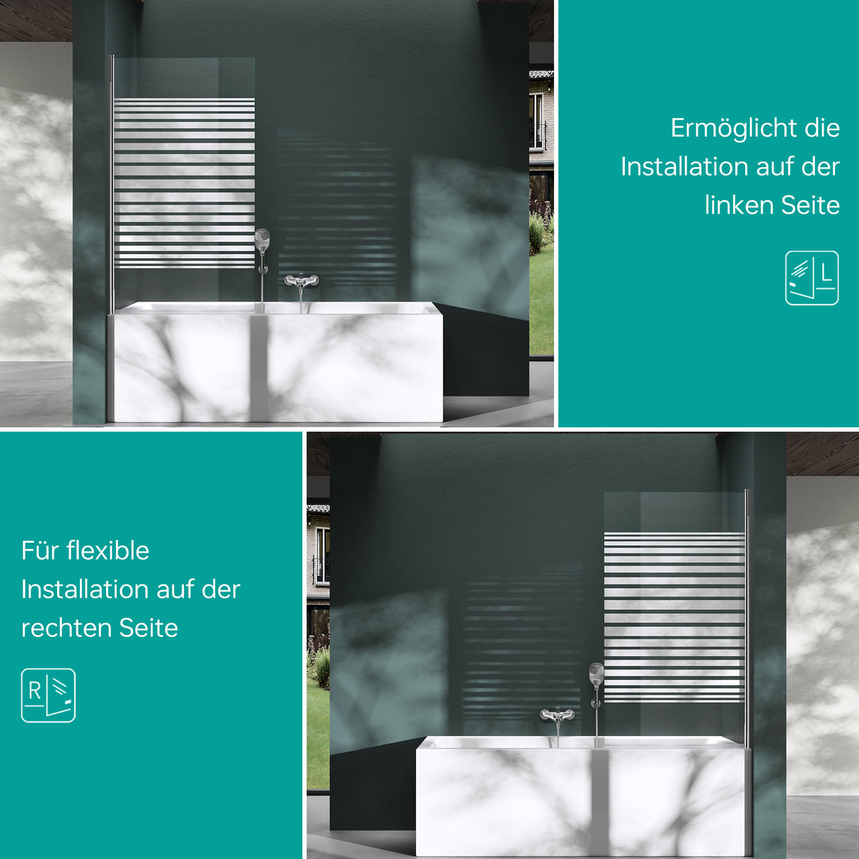 glasvilla Duschwand für Badewanne Badewannenwand Sicherheitsglas mit NANO-Versiegelung Badewannentrennwand Badewannenaufsatz 80x140cm Cortona201