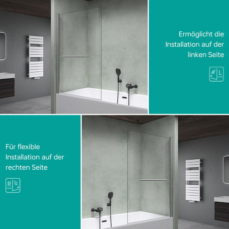 glasvilla Duschwand für Badewanne Badewannenwand faltbar 180° Sicherheitsglas mit NANO 90x140cm Badewannentrennwand Badewannenaufsatz Cortona1121