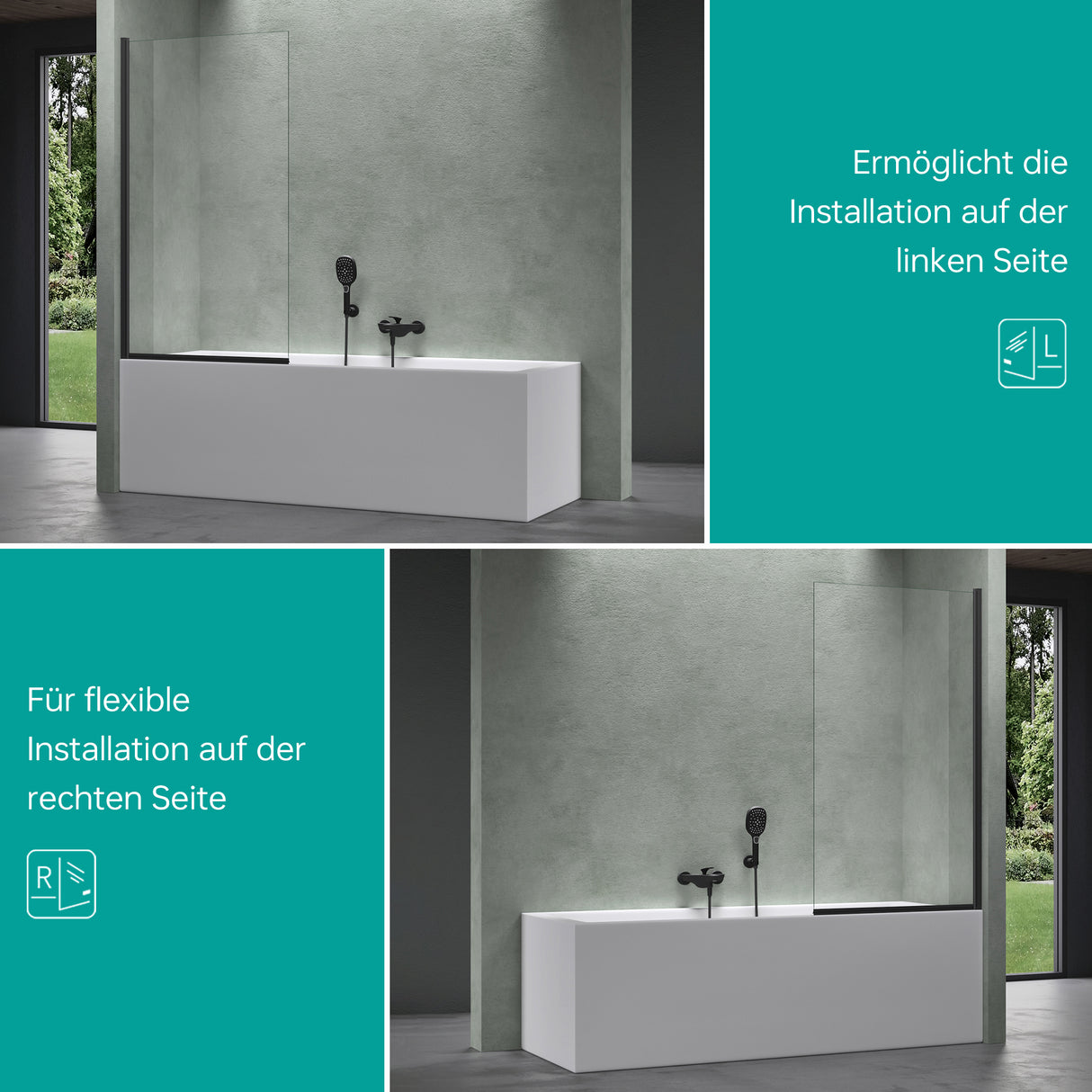 glasvilla Duschwand für Badewanne Badewannenwand Sicherheitsglas mit NANO-Versiegelung Badewannentrennwand Badewannenaufsatz 80x140cm Cortona201