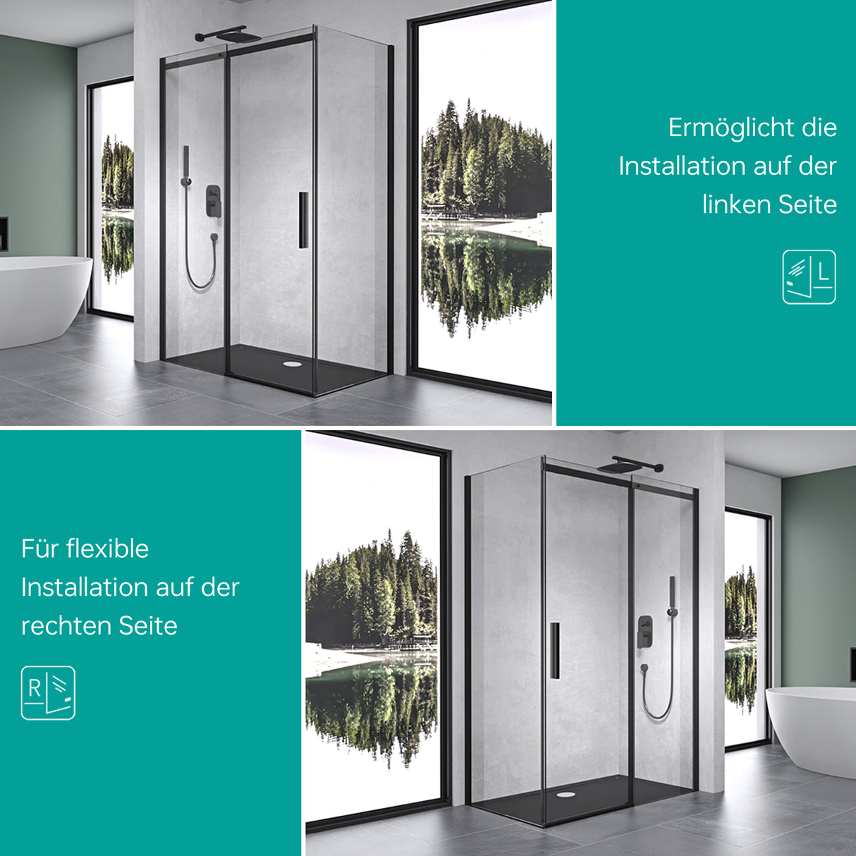 glasvilla Duschkabine Duschabtrennung Schwarz 8mm Sicherheitsglas mit NANO Eck-Dusche mit Schiebetür Ravenna18