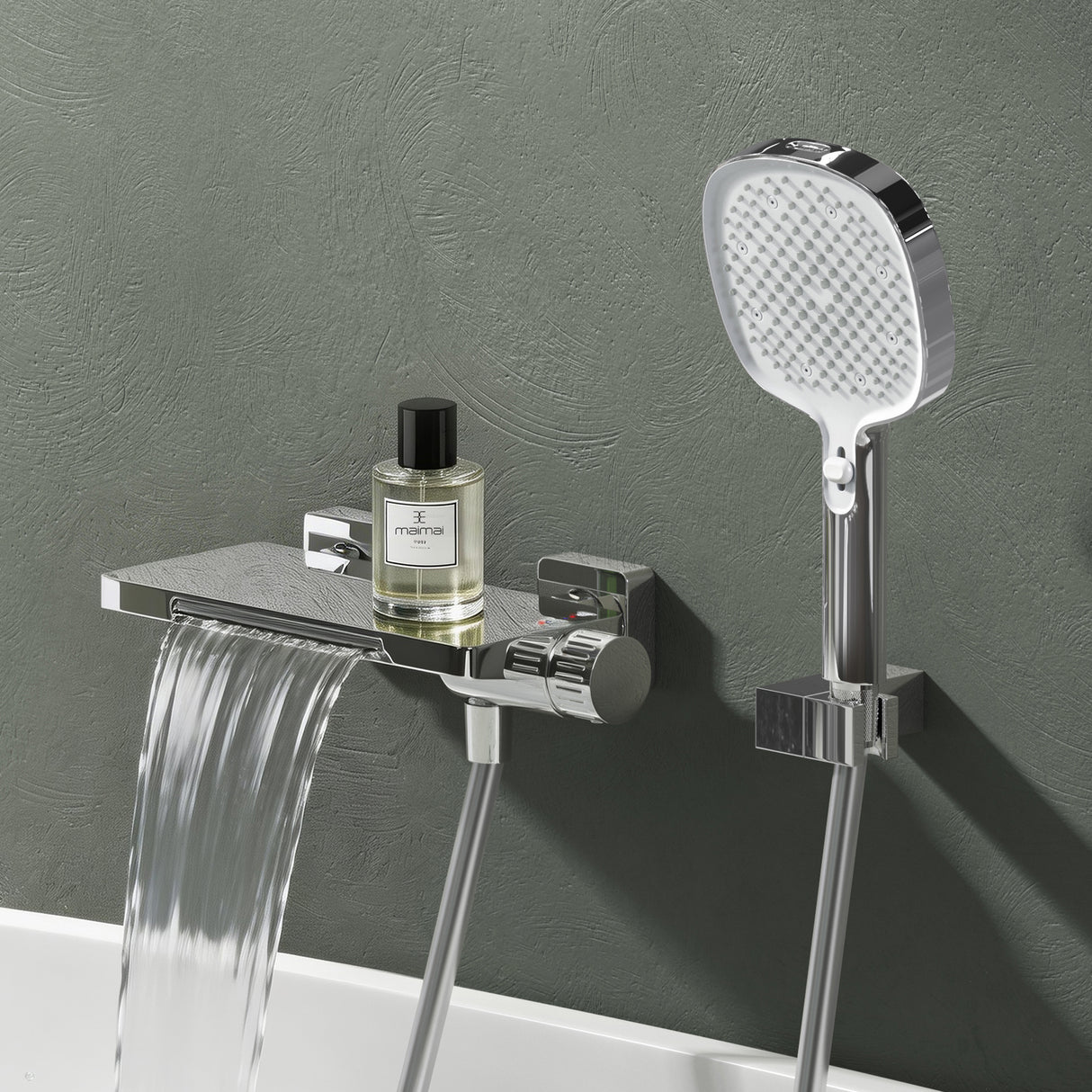 Robinet de baignoire Glasvilla avec douchette, design cascade, jets multiples, douchette en laiton avec barre et flexible de douche.