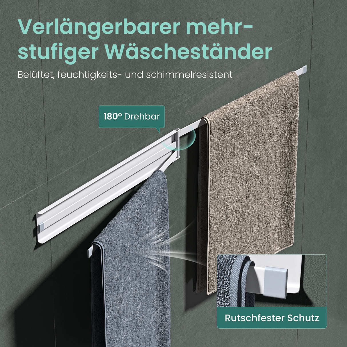 glasvolla Handtuchhalter ohne Bohren, 180° schwenkbar mit 3 Armen, Handtuchstange selbstklebend oder magnetisch, Badetuchhalter für Bad und Küche Folda-02