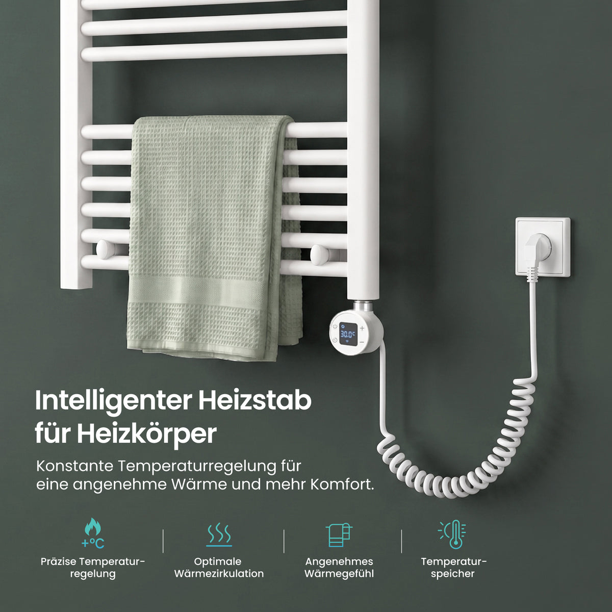 glasvilla Smart WiFi Heizstab für Badheizkörper, Heizelement  Elektrischer Heizstab mit App-Steuerung, Thermostat & Timer-Funktion, Heizpatrone für Handtuchheizkörper Heizstab-03