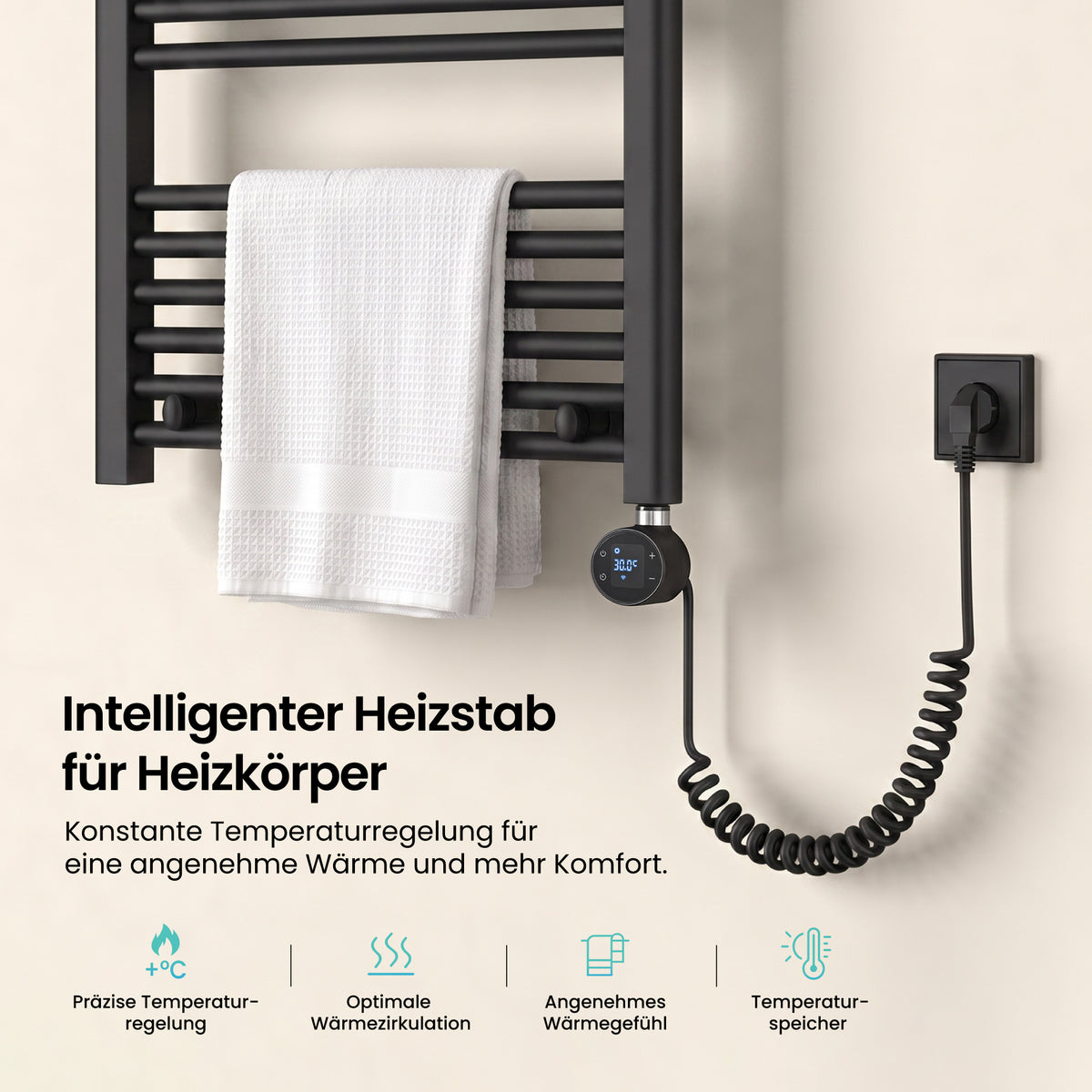 glasvilla Smart WiFi Heizstab für Badheizkörper, Heizelement  Elektrischer Heizstab mit App-Steuerung, Thermostat & Timer-Funktion, Heizpatrone für Handtuchheizkörper Heizstab-03