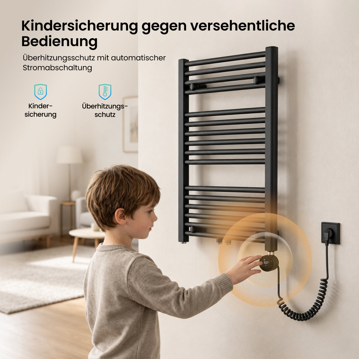 glasvilla Smart WiFi Heizstab für Badheizkörper, Heizelement  Elektrischer Heizstab mit App-Steuerung, Thermostat & Timer-Funktion, Heizpatrone für Handtuchheizkörper Heizstab-03