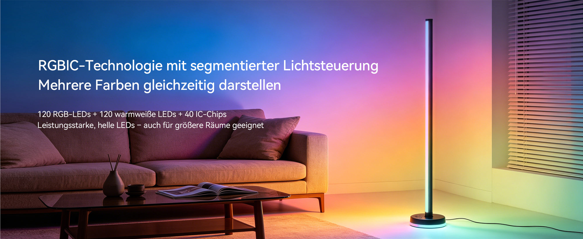 glasvilla Stehlampe Wohnzimmer Dimmbar, RGBICWW Stehlampe mit reinem Warmweiß & 16 Millionen Farben, App & Fernbedienung, Musik-Sync, 270° Licht, Timer, für Schlafzimmer Gaming, Lineora-01