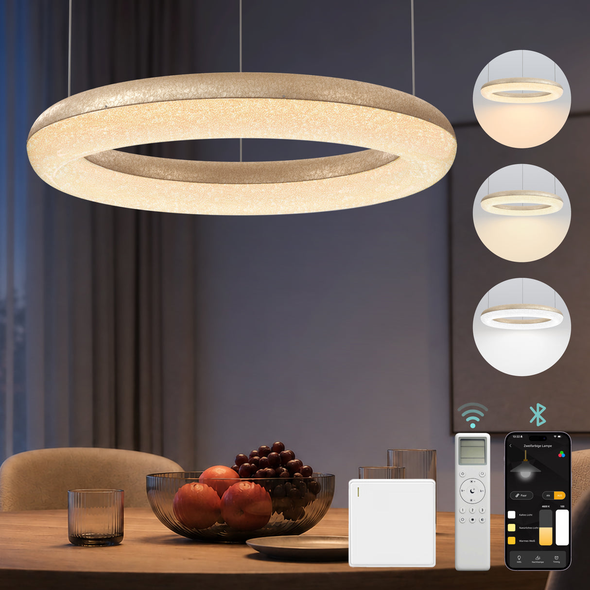 glasvilla Pendelleuchte Esstisch,  LED Moderne Hängelampe, stufenlos dimmbar 3000K–6000K, höhenverstellbare Design  Esstischlampe mit Fernbedienung & Wandschalter, Luvina03