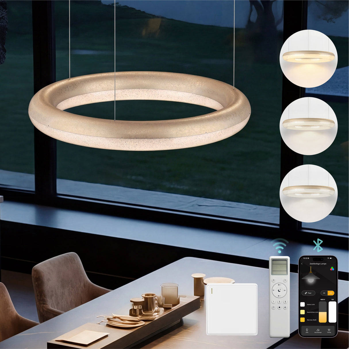 glasvilla Pendelleuchte Esstisch,  LED Moderne Hängelampe, stufenlos dimmbar 3000K–6000K, höhenverstellbare Design  Esstischlampe mit Fernbedienung & Wandschalter, Luvina03