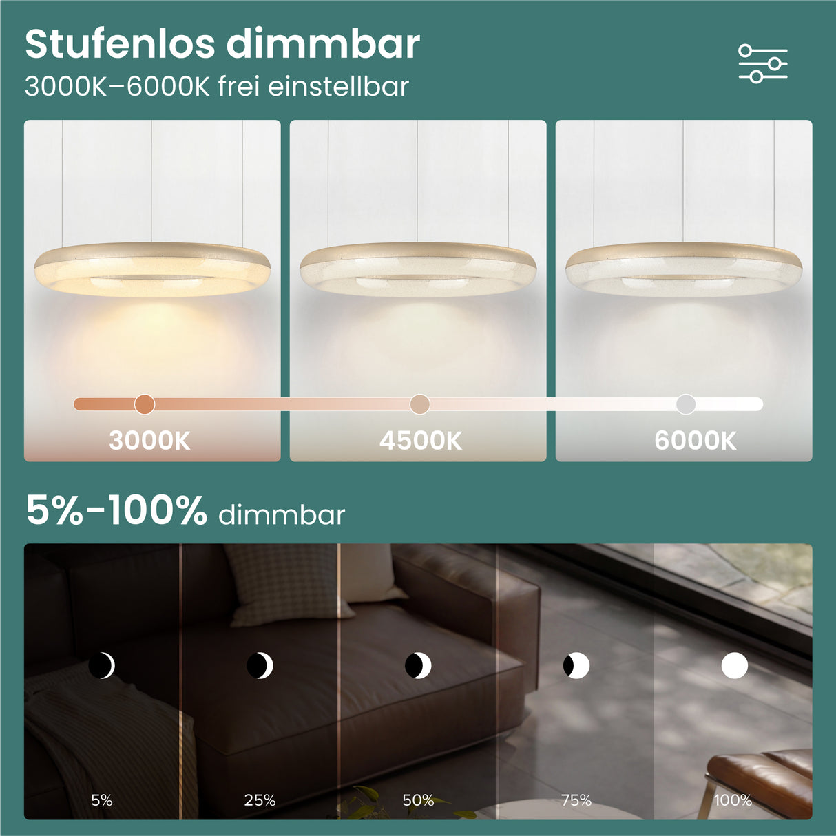 glasvilla Pendelleuchte Esstisch,  LED Moderne Hängelampe, stufenlos dimmbar 3000K–6000K, höhenverstellbare Design  Esstischlampe mit Fernbedienung & Wandschalter, Luvina03