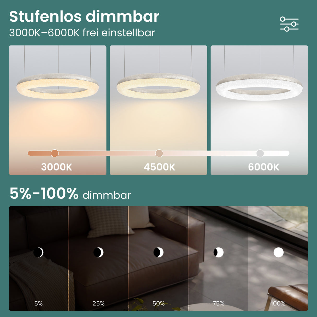 glasvilla Pendelleuchte Esstisch,  LED Moderne Hängelampe, stufenlos dimmbar 3000K–6000K, höhenverstellbare Design  Esstischlampe mit Fernbedienung & Wandschalter, Luvina03