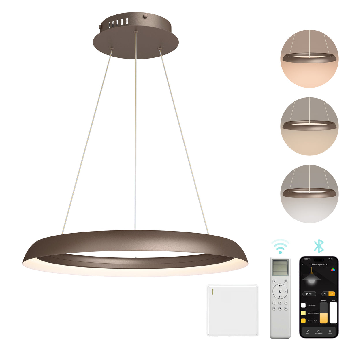glasvilla Lampadario Sospensione, Lampada 3000-6000K con Filo 110 CM, Altezza Regolabile, Lampada da Soffitto a Sospensione per Camera da Letto, Cucina e Soggiorno, Luvina04