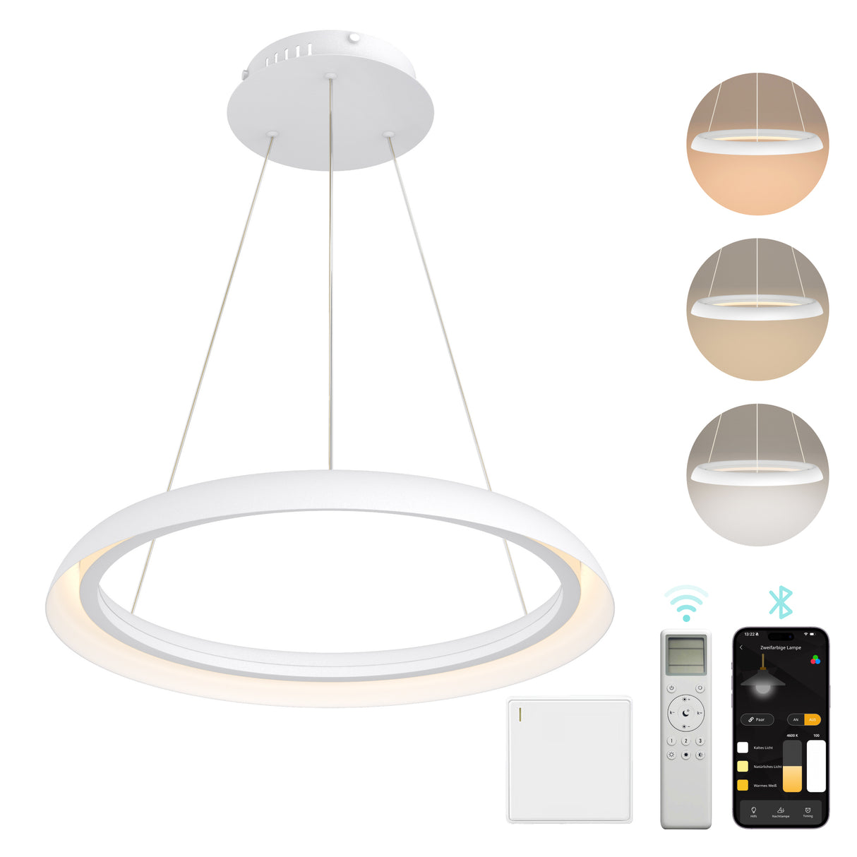 glasvilla Lampadario Sospensione, Lampada 3000-6000K con Filo 110 CM, Altezza Regolabile, Lampada da Soffitto a Sospensione per Camera da Letto, Cucina e Soggiorno, Luvina04
