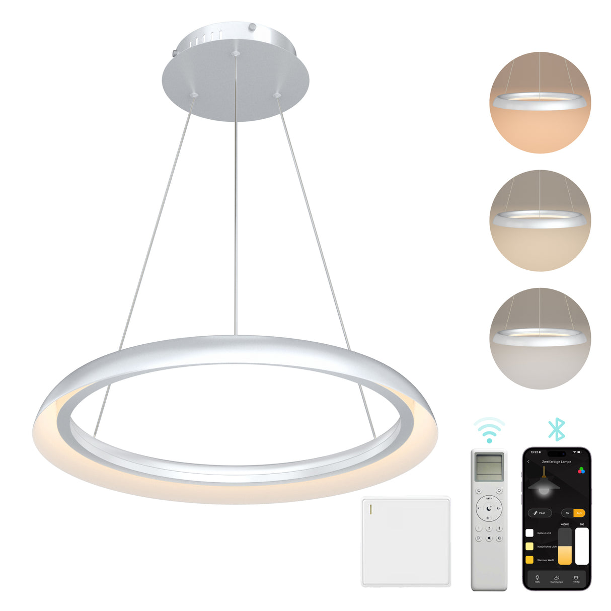 glasvilla Lampadario Sospensione, Lampada 3000-6000K con Filo 110 CM, Altezza Regolabile, Lampada da Soffitto a Sospensione per Camera da Letto, Cucina e Soggiorno, Luvina04