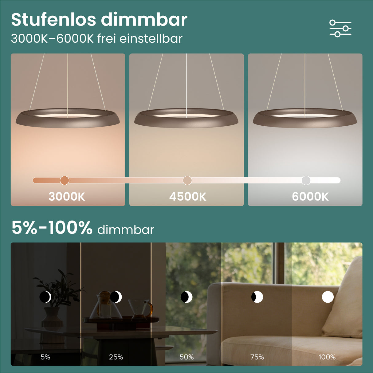 glasvilla Lampadario Sospensione, Lampada 3000-6000K con Filo 110 CM, Altezza Regolabile, Lampada da Soffitto a Sospensione per Camera da Letto, Cucina e Soggiorno, Luvina04