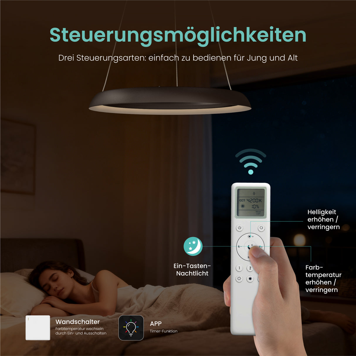 glasvilla Lampadario Sospensione, Lampada 3000-6000K con Filo 110 CM, Altezza Regolabile, Lampada da Soffitto a Sospensione per Camera da Letto, Cucina e Soggiorno, Luvina04