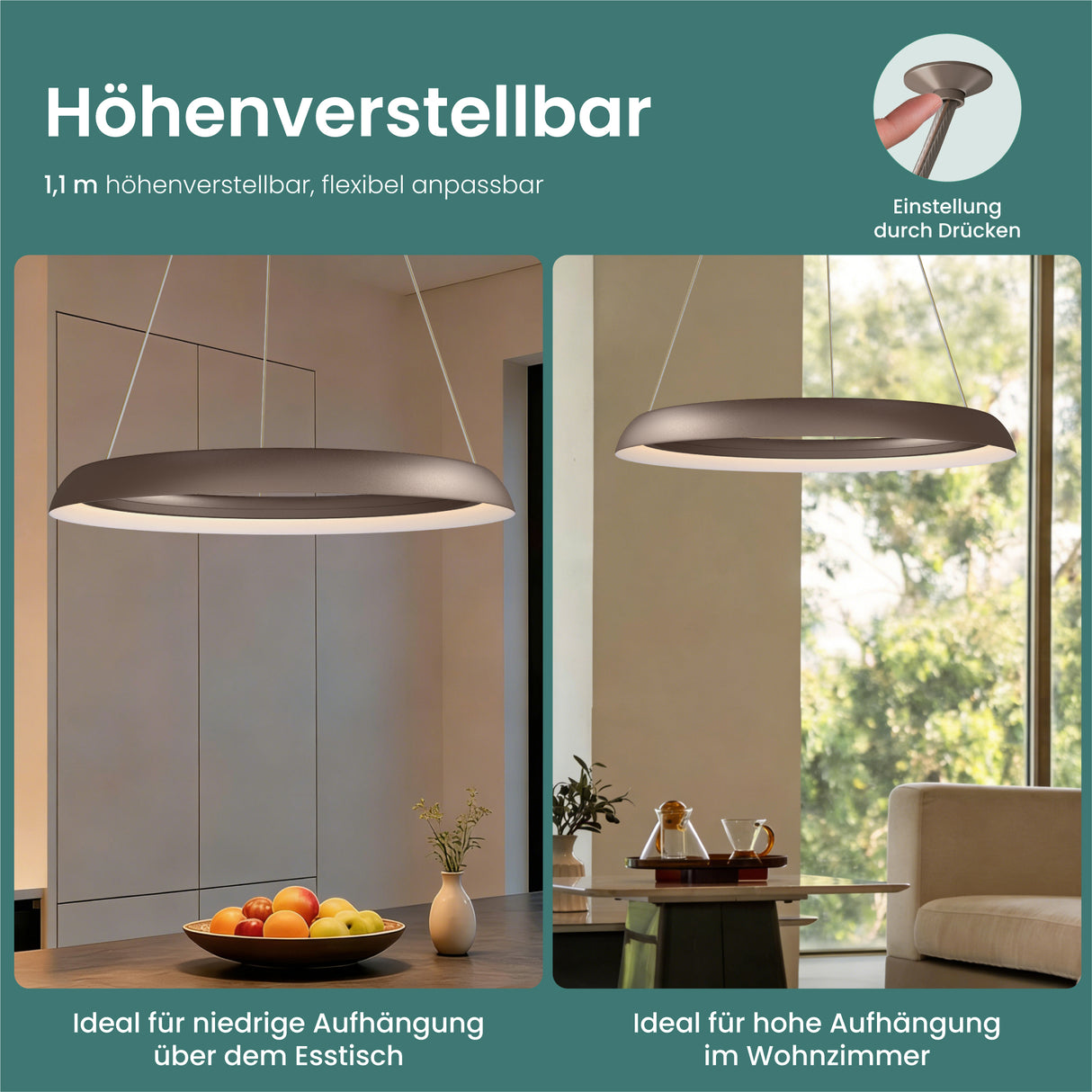 glasvilla Lampadario Sospensione, Lampada 3000-6000K con Filo 110 CM, Altezza Regolabile, Lampada da Soffitto a Sospensione per Camera da Letto, Cucina e Soggiorno, Luvina04