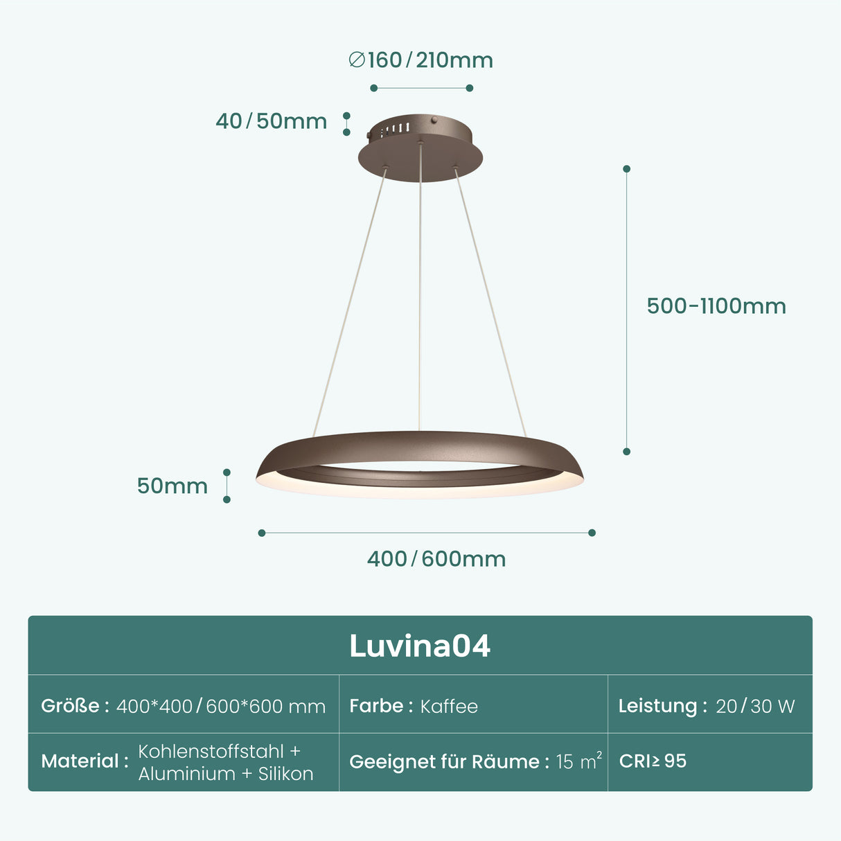 glasvilla Lampadario Sospensione, Lampada 3000-6000K con Filo 110 CM, Altezza Regolabile, Lampada da Soffitto a Sospensione per Camera da Letto, Cucina e Soggiorno, Luvina04