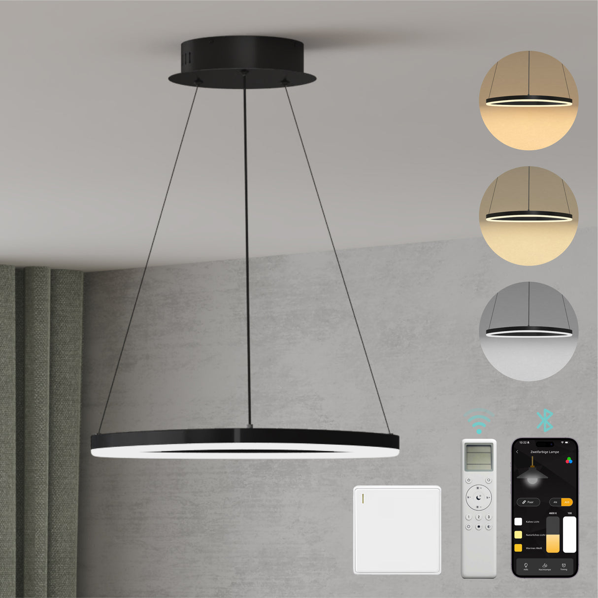 Suspension Glasvilla 50 cm, lampe LED suspendue, design ondulé dynamique, température de couleur réglable 3000K/4000K/6000K, câble 16W, idéale pour salle à manger, salon ou chambre.