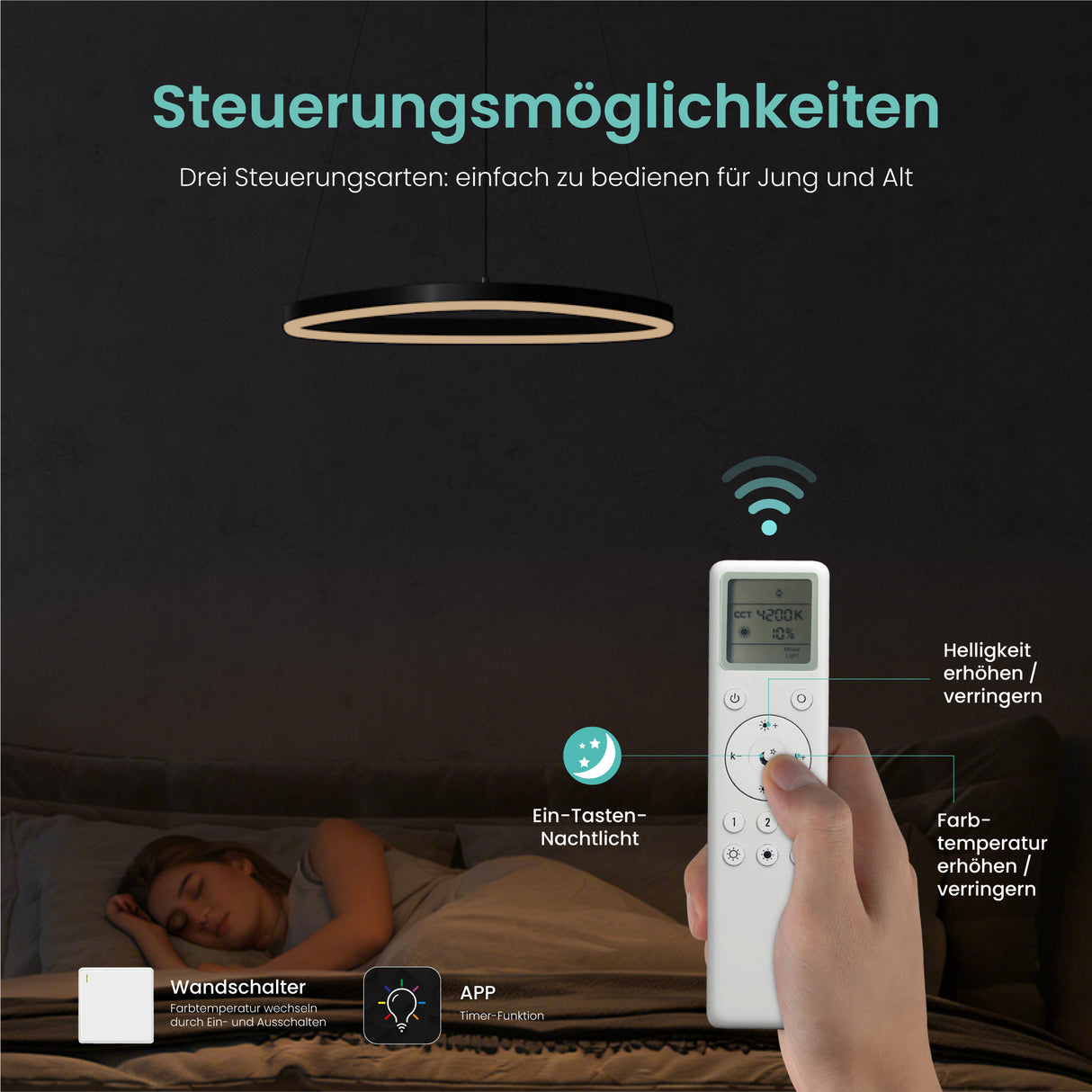 Suspension Glasvilla 50 cm, lampe LED suspendue, design ondulé dynamique, température de couleur réglable 3000K/4000K/6000K, câble 16W, idéale pour salle à manger, salon ou chambre.