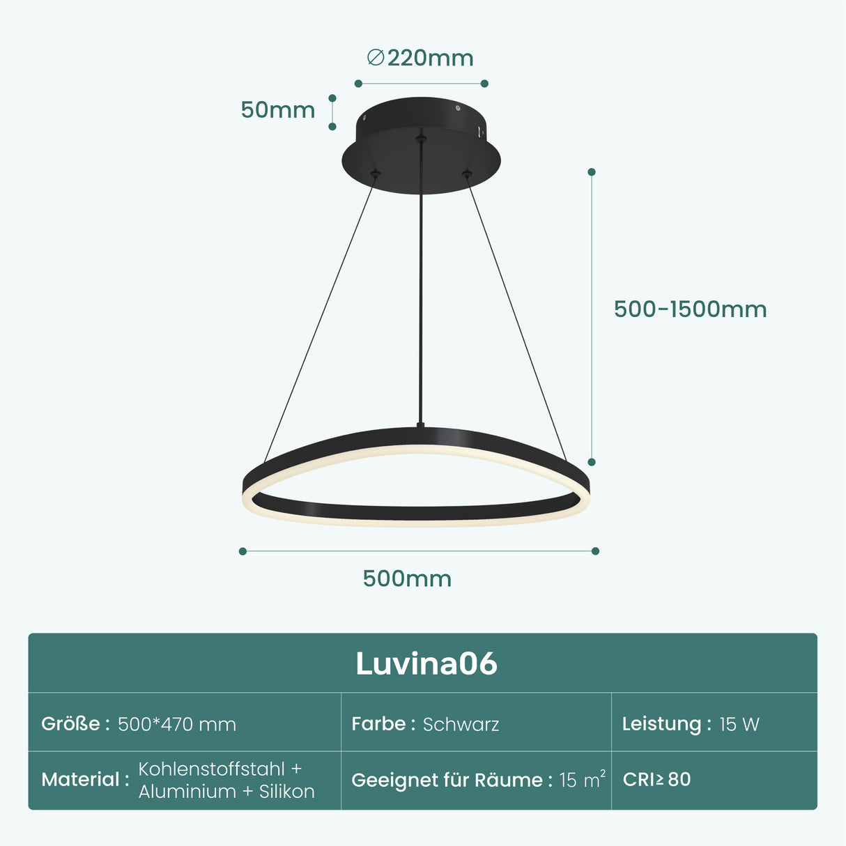 Suspension Glasvilla 50 cm, lampe LED suspendue, design ondulé dynamique, température de couleur réglable 3000K/4000K/6000K, câble 16W, idéale pour salle à manger, salon ou chambre.
