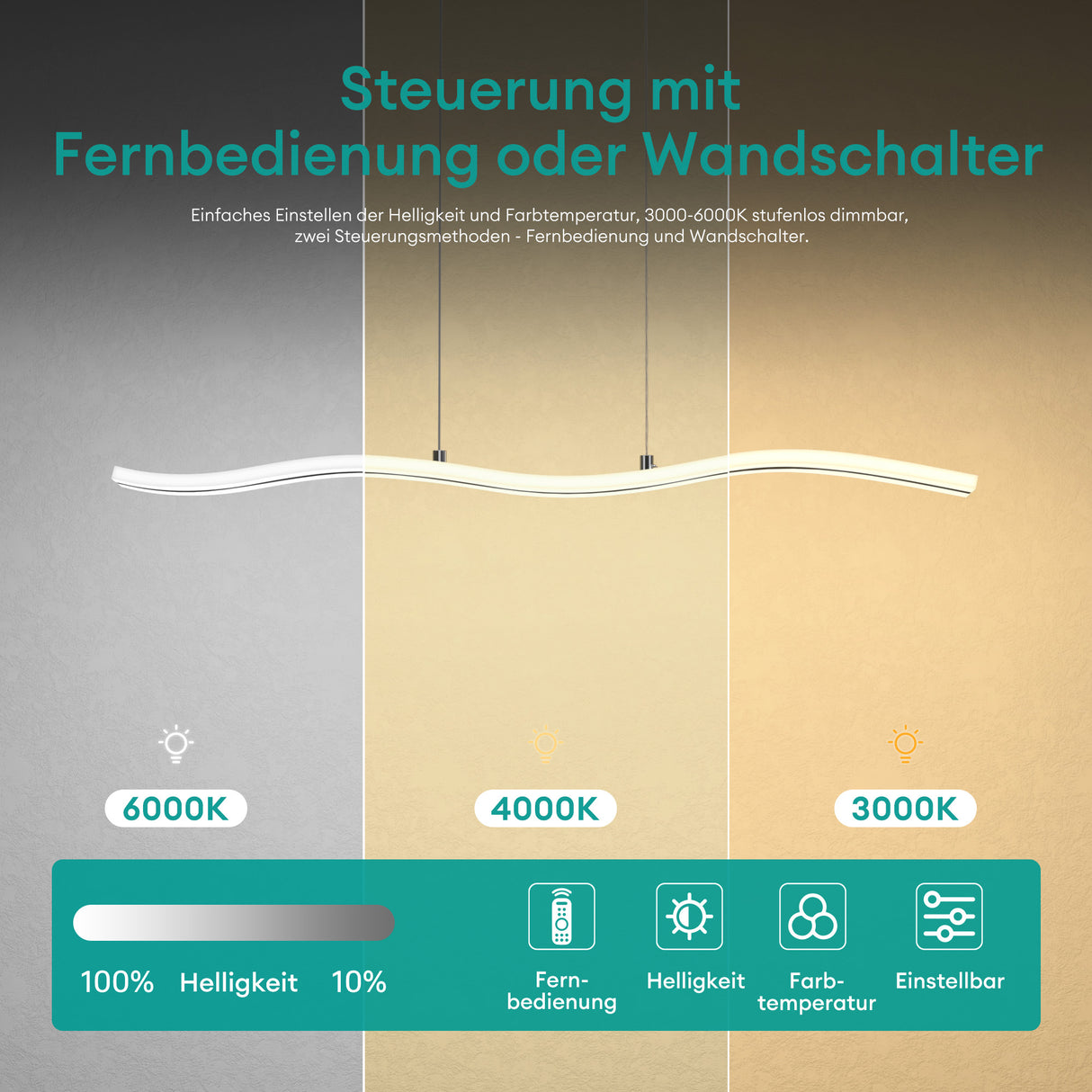 glasvilla Pendelleuchte 97cm LED Hängelampe Dimmbar mit Fernbedienung 3000K/4000K/6000K Verstellbares Kabel 36W Hängeleuchte für Esszimmer Wohnzimmer Schlafzimmer