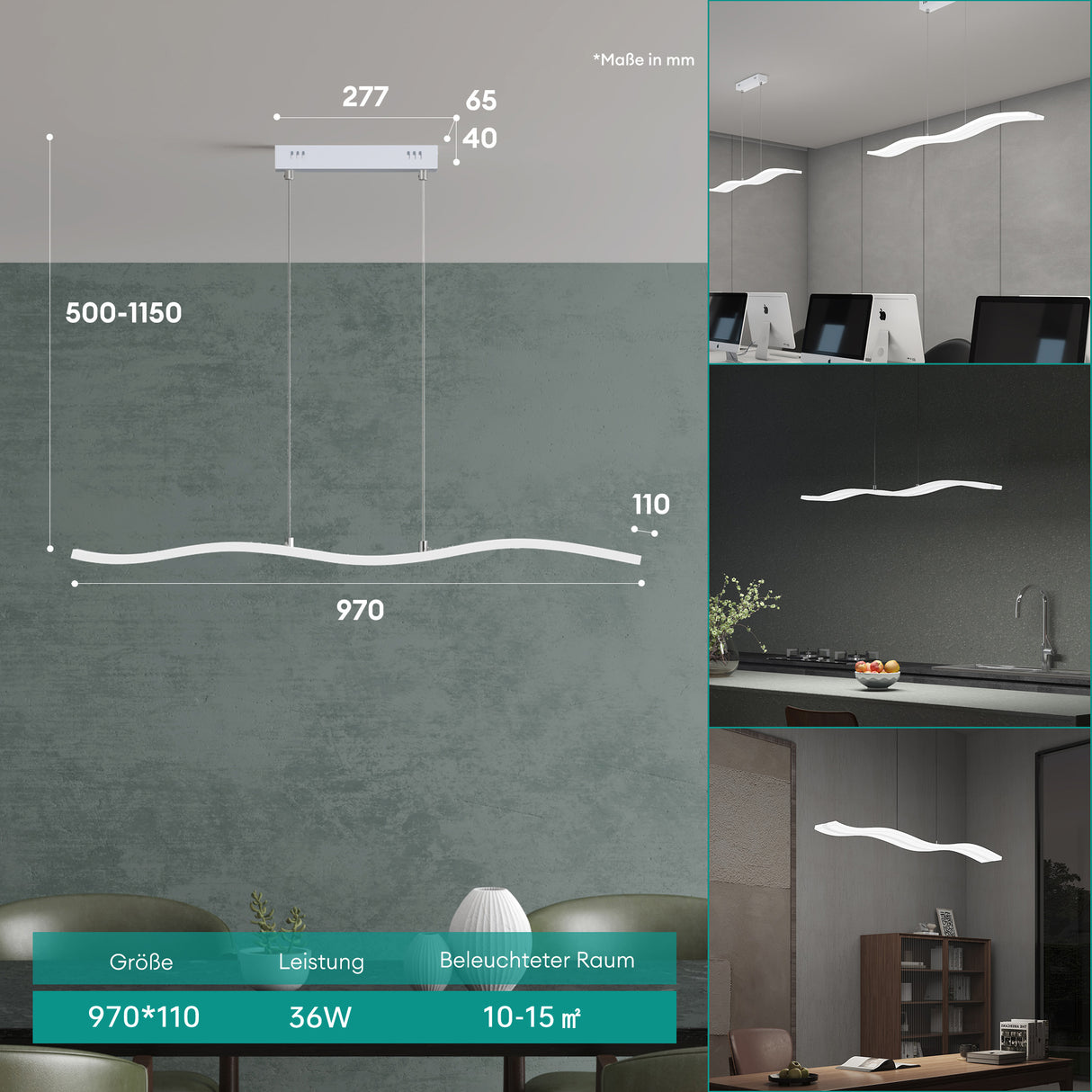 glasvilla Pendelleuchte 97cm LED Hängelampe Dimmbar mit Fernbedienung 3000K/4000K/6000K Verstellbares Kabel 36W Hängeleuchte für Esszimmer Wohnzimmer Schlafzimmer