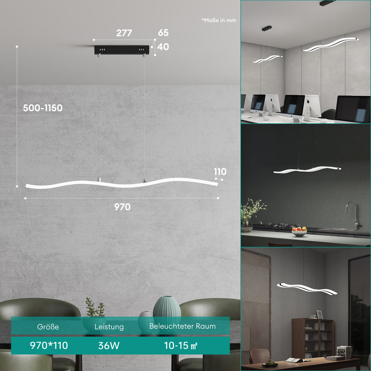 glasvilla Pendelleuchte 97cm LED Hängelampe Dimmbar mit Fernbedienung 3000K/4000K/6000K Verstellbares Kabel 36W Hängeleuchte für Esszimmer Wohnzimmer Schlafzimmer