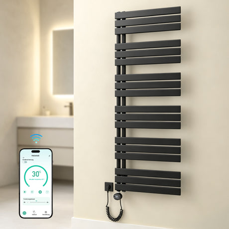 glasvilla Badheizkörper,mit Heizstab Badheizung,Handtuchheizkörper mit Seitenanschluss, Handtuchwärmer mit Heizstab 600W/900W, App-Steuerung, Thermostat und Timerfunktion,‎FN con Heizstab-03