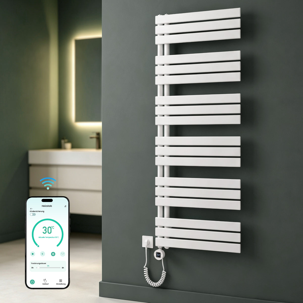 glasvilla Badheizkörper,mit Heizstab Badheizung,Handtuchheizkörper mit Seitenanschluss, Handtuchwärmer mit Heizstab 600W/900W, App-Steuerung, Thermostat und Timerfunktion,‎FN con Heizstab-03